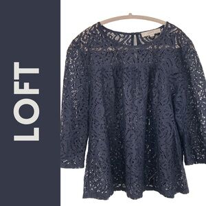 LOFT Navy Blue Lace Bell Sleeve Top – Size Large Boho Girlhoodcore Cottagecore